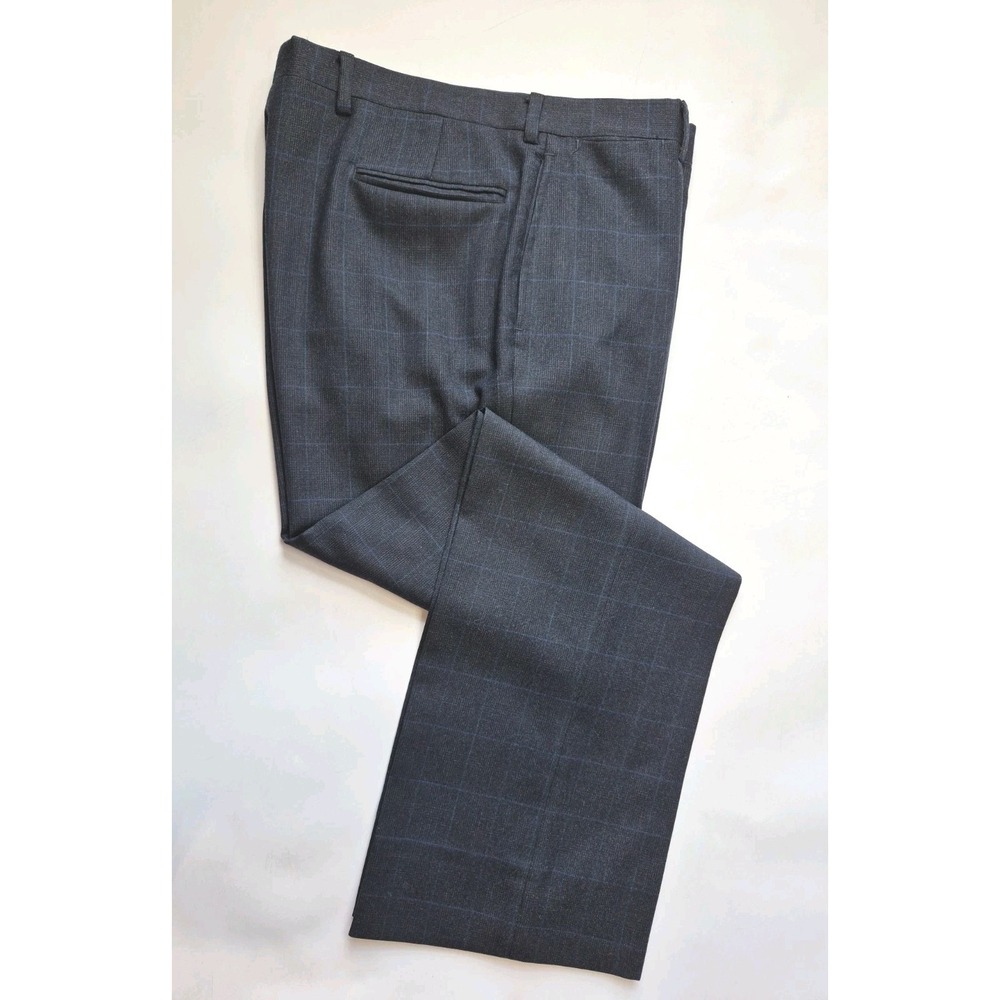 Bespoke Mens Flat Front Wool Dress Pants 35x31 Blue Windowpane Check Trousers
